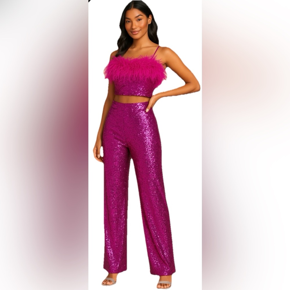 Lulus Hot Pink Sequin Wide Leg Pants ✨ Glam Party Holiday Statement‎